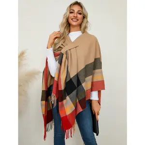 Fringe Contrast Plaid Poncho