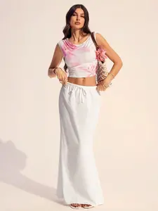 A women's white drawstring high-waist long skirt, Womenswear, lightweight and comfortable, suitable for relaxed occasions such as vacations, daily shopping, or casual dates.
