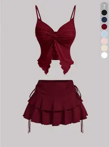 Women's Solid Ribbed Strappy Front Camisole Top & Tie-Side Skirt Set - Airy Casual Style for Summer Adventures