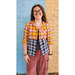 Sun + Sky Split Flannel (Small) – One-of-a-Kind Upcycled Patchwork #1407