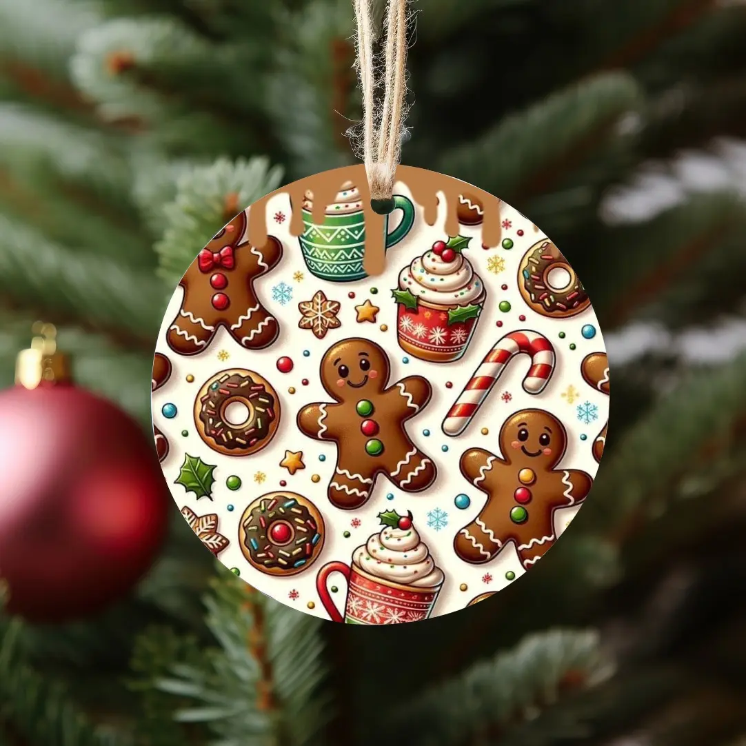 7cm Round Aluminium Gingerbread Man Hanging Flat Ornament - Double-Sided Print, 0.039 inches/1mm/2.75 inches Thick, String to Hang, Christmas Home Decor, Holiday Gift Item, 1Mm Thick