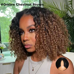 UNice EasiContour V Part Jerry Curly Wig Glueless Blend Natural Human Hair Wigs Beginner Friendly Natural Scalp Daily Using for Women