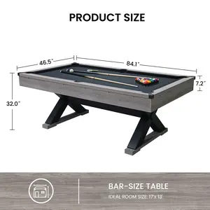 84 Inch Pool Table for Home Game Room, Grey Wood Grain Billiard Table with X-Shaped Metal Legs, Indoor Billiards Game Table with Cue Sticks, Balls and Drop Pockets
