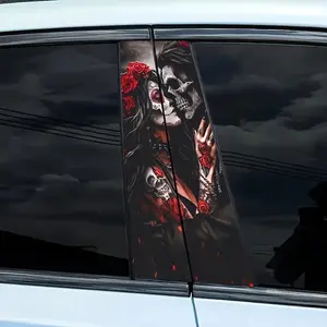 Skull & Flower Pattern Car Window Sticker, Car Door Pillar Sticker, High Gloss Car B-pillar Protective Sticker, Car Decoration Accessories, Universal Car Sticker, Decal For Cars, Halloween