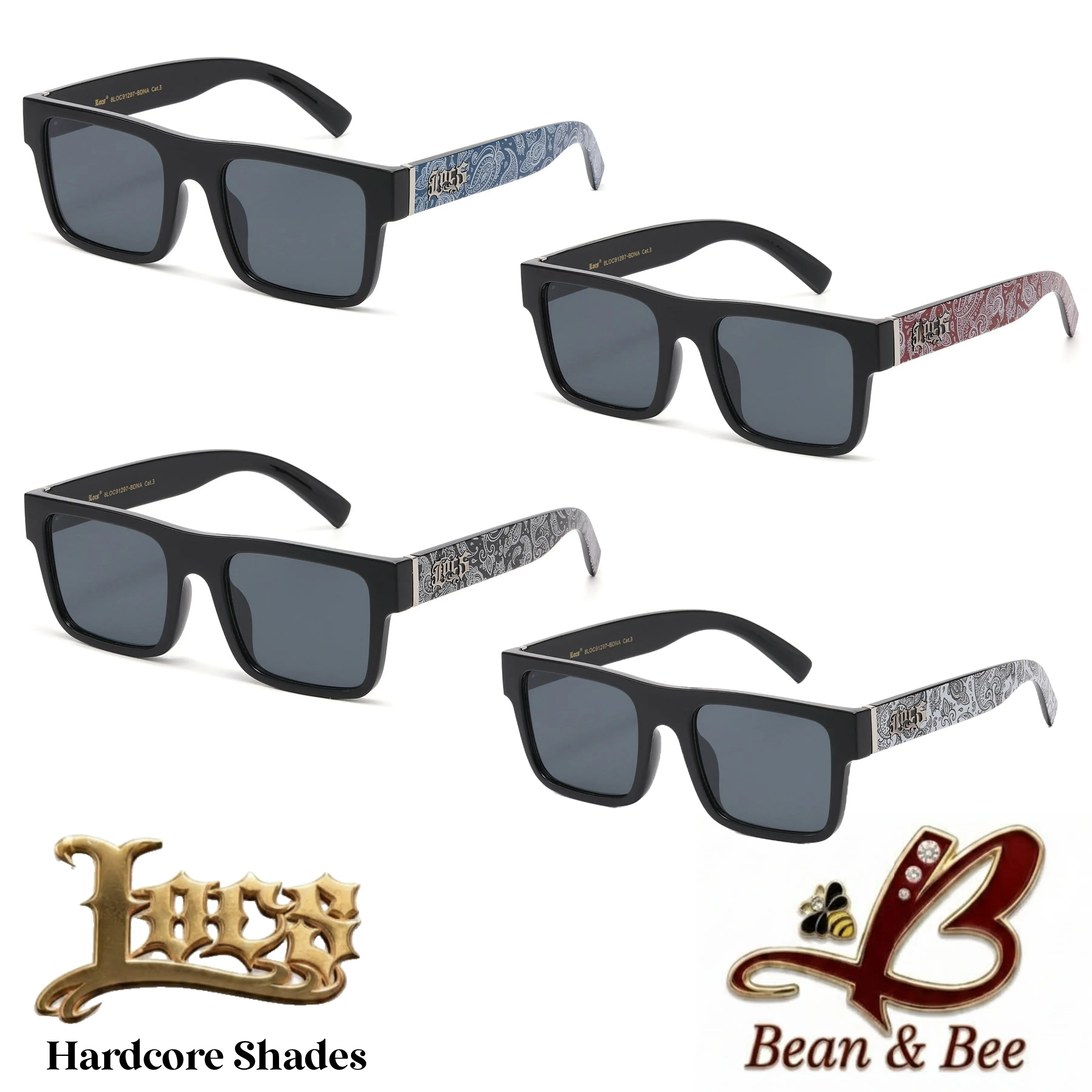 LOCS Bandana Block Hardcore Shades – Unisex Flat-Top Paisley Bandana Print Square Sunglasses Flat Top Streetwear Fashion Glasses