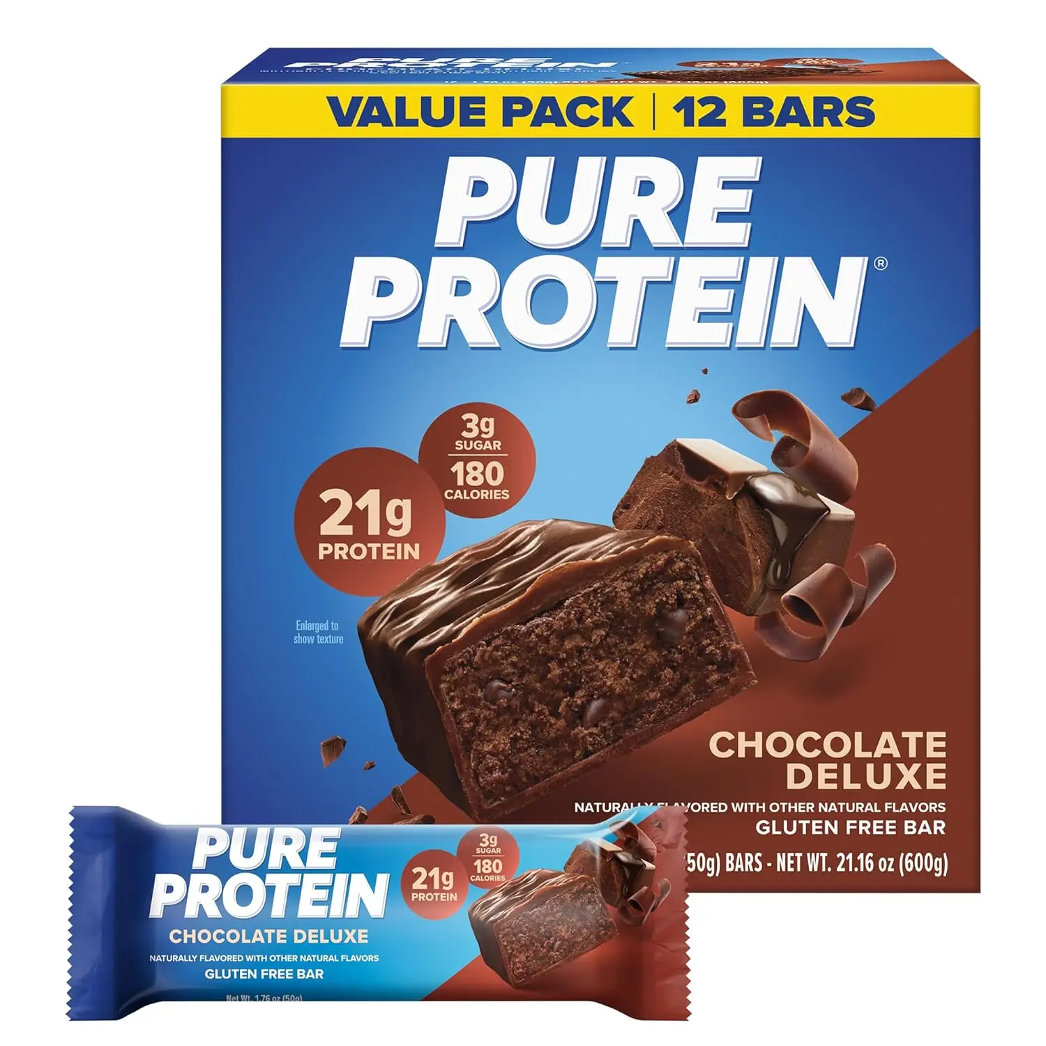 Pure Protein Chocolate Deluxe Protein Bars, 21g Protein, Gluten Free, 12 Ct
