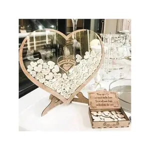 1pc Heart-Shaped Wedding Guest Book Sign-In Wooden Crafts, Wedding Table Decor, Birthday Party Desktop Ornaments, Guest Blessing & Registration Small Wooden Box Art With 60pcs Heart-Shaped Cards