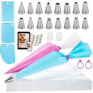 124 count Icing Piping Bags and Tips Set, Cake Decorating Kit with 100 Anti Burst Piping Bags 12 Inch, 16 Icing Tips,  Pastry Bag, 3 Scrapers, 2 Couplers, 2 Bag Ties (Blue)