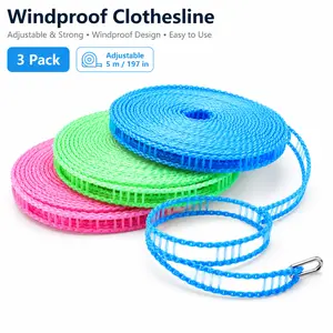 Garment Hanging Cord, 3 Pack Outdoor Dry Line, Flexible Size Adjustable Laundry Line, Wind Proof Strap with Fix Hooks, Home & Backyard Clothing Drying Accessory, Perfect Camping & Vacation Supply (5 m/197 in)