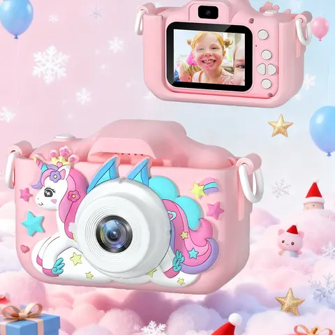 Shockproof Kids Electronic Portable Travel Camera Toy - Cute Silicone Case, HD Video, Selfie Mode, Digital Zoom, Lanyard, Rechargeable Battery, LCD Screen, Interactive, Timelapse, Ideal for Ages 3-12, Birthday Gift, Kids' Digital Portable Camera Gadgets