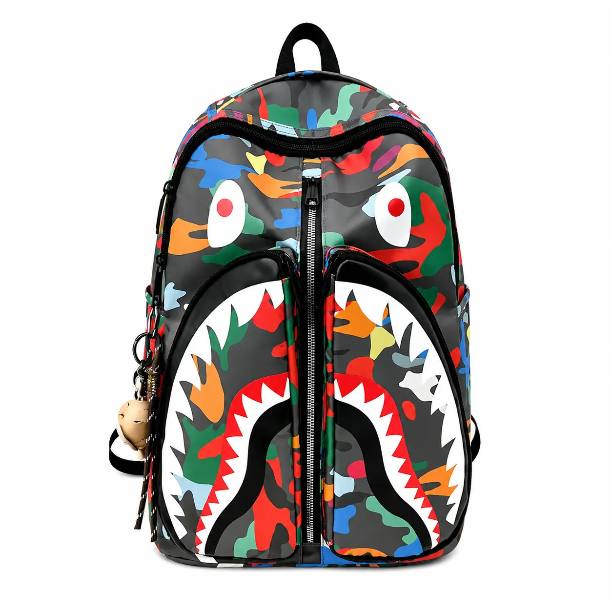 Sprayground Colorful Camo Shark Face Double-Zipper Backpack, Large-Capacity Streetwear Bag for Teen Boys, Ideal for School Travel (Sports & Outdoor Gym Shoulder Bag)