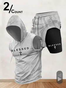 Men's Sleeveless Graphic Hoodie + Shorts Set, Casual Fitted Workout, Ideal for Gym Training and Daily Wear, 2-Piece Sports Ensemble