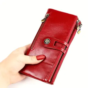 Large Capacity Genuine Leather Bifold Card Holder Clutch Wallet with Zipper for Women