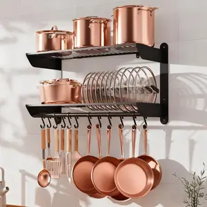 30" 2-Tier Solid Steel Wall Mounted Pot and Pan Organizer Rack with 12 Hooks, Large Capacity Black Kitchen Storage Shelf for Pots Pans & Utensils