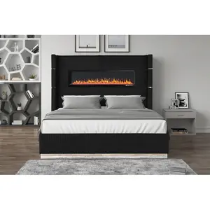 Modern Upholstered bed with LED fireplace headboard