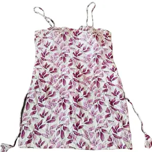 Cotton Short Kurtha Only with Purple Leaf Pattern and Adjustable Straps