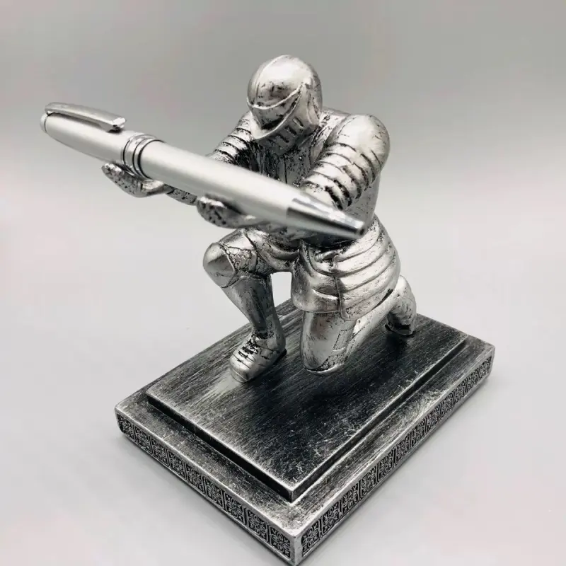 Vintage Medieval Knight Pen Holder, Antique Silver Look Armor Warrior Pen Stand, Decorative Desk Organizer for Office, Study Room, Bookshelf and Gift