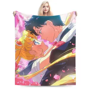 Valentine's Day Anime Throw Blanket – Romantic Anime Couple Kiss Scene with Pink Cherry Blossoms, Soft Fleece Blanket for Fans, Bedroom or Gift