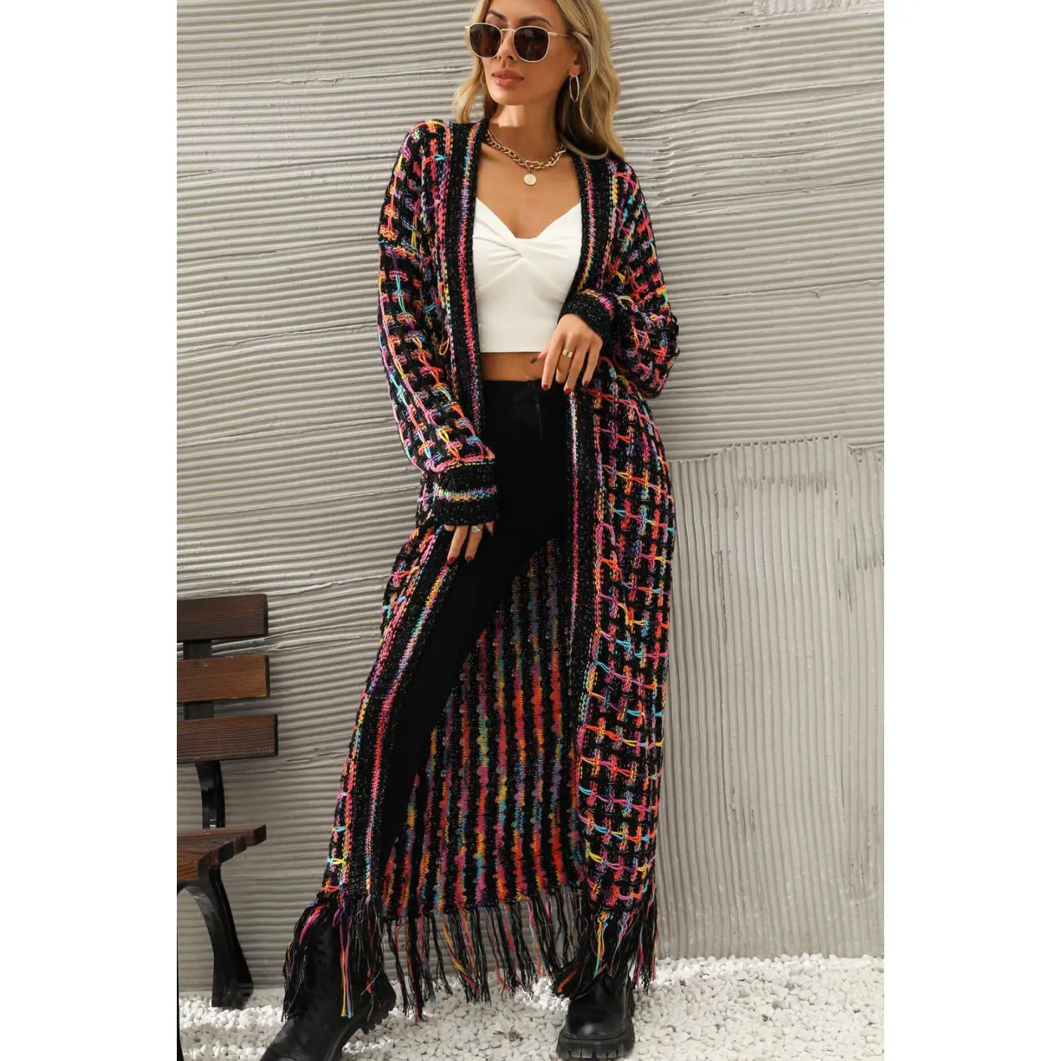 Multicolored Open Front Fringe Hem Cardigan