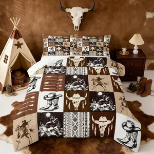 Retro Western Cowboy Kids Comforter Set Bull Skull Horse Arrow Print Bedding Set Rustic Farmhouse Duvet Quilt for Kids Boys Girls Bedroom Decor Microfiber Ultra Soft Breathable