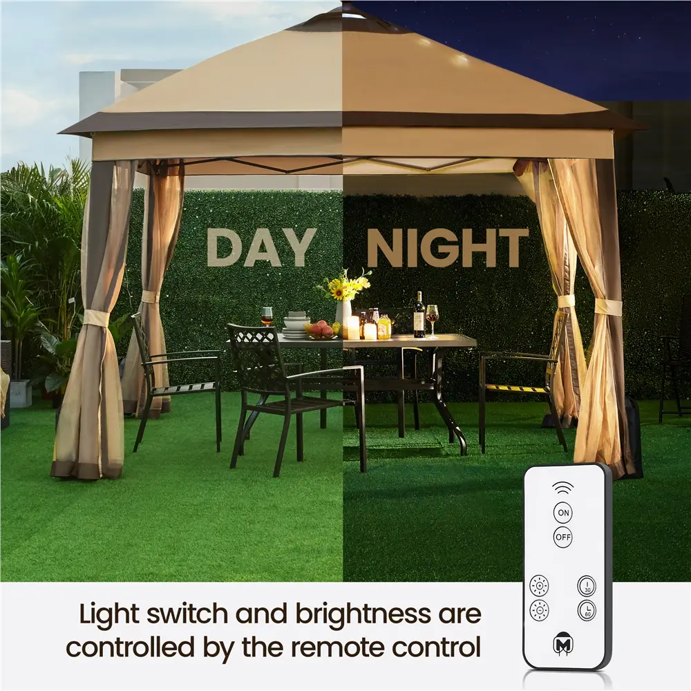 【Remote with Solar LED Lights Gazebo】Yaheetech 11×11FT Pop-Up Gazebo Tent with 17 Solar LED Lights and Mesh Netting Sides, Outdoor Shelter Sun Shade G