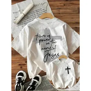 1PCSWomens Casual Short Sleeve T-Shirt With Inspirational Power In Jesus Cross Print - Soft Round Neck Tee, Machine Washable, White With Black Lettering For Casual Attire, Ladies T Shirts, Spiritual Fashion, Modern Casualwear, Nontransparent Material, Wom