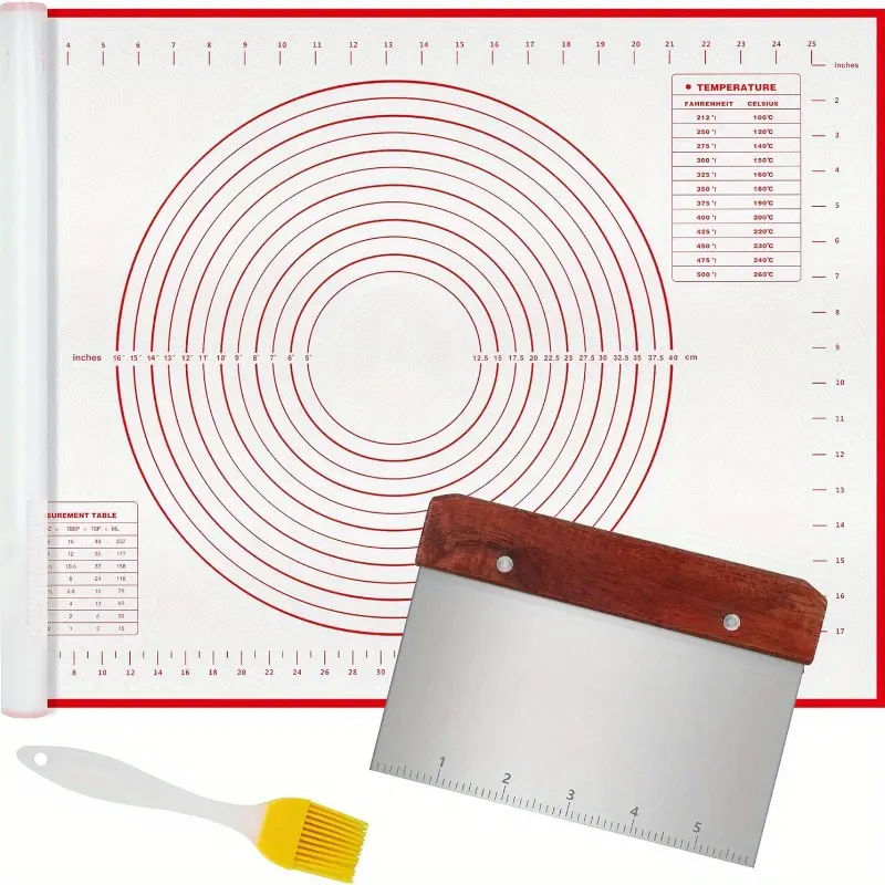 1 Set Baking Tools,Including Silicone Pastry Baking Mat with Measurements,Brush and Dough Scraper,Non-Stick Non-Slip Pastry Mat for Rolling Dough,Halloween Christmas Party Gifts,Hand Tools Kits