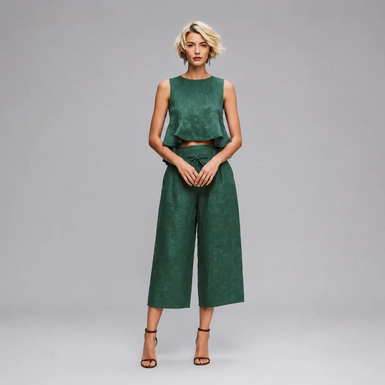 Women's 2 Piece Solid Color Pants Set, Sleeveless Ruffle Hem Tank Top with High Waist Cropped Wide Leg Pants, Elegant European Summer Matching Outfit for Vacation Travel, Resort, Office Commute, Weekend Brunch, Street Style and Casual Daily Wear
