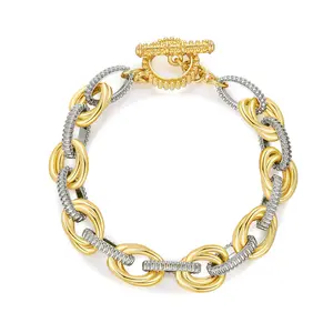 Mytys Chunky Chain Link Bracelet Two-Tone Mixed Metal Textured Toggle Clasp Statement Cable Bangle for Women Durable Stainless Steel Vintage Luxury Style