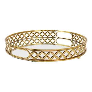 Golden Round Iron Glass Tray For Cosmetics Jewelry Perfume And Home Decor