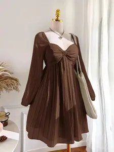 Comfortcana Plus Size Chocolate Brown Pleated Dress  Fall/Winter Elegance