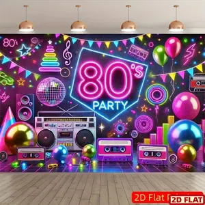 2D Flat Banner, 1pc 8x6ft Retro 80s Party Backdrop - Vibrant Polyester Photography Background with Neon "80'S PARTY" Text, Disco Ball, Boombox & Balloons for Indoor/Outdoor Birthday, Studio Props & Festive De