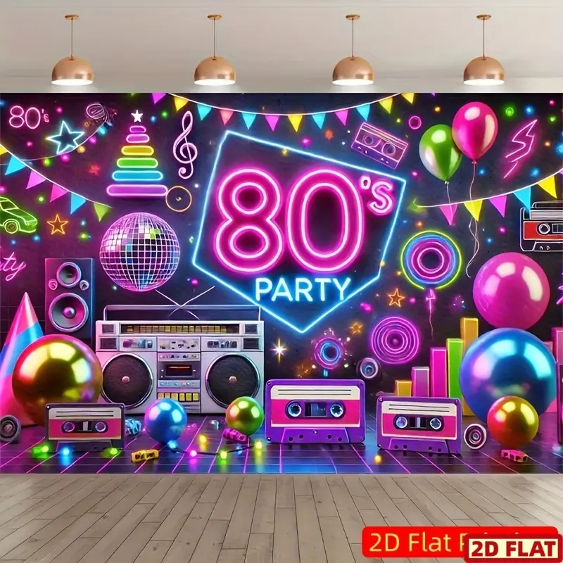 2D Flat Banner, 1pc 8x6ft Retro 80s Party Backdrop - Vibrant Polyester Photography Background with Neon "80'S PARTY" Text, Disco Ball, Boombox & Balloons for Indoor/Outdoor Birthday, Studio Props & Festive De, Party Decor