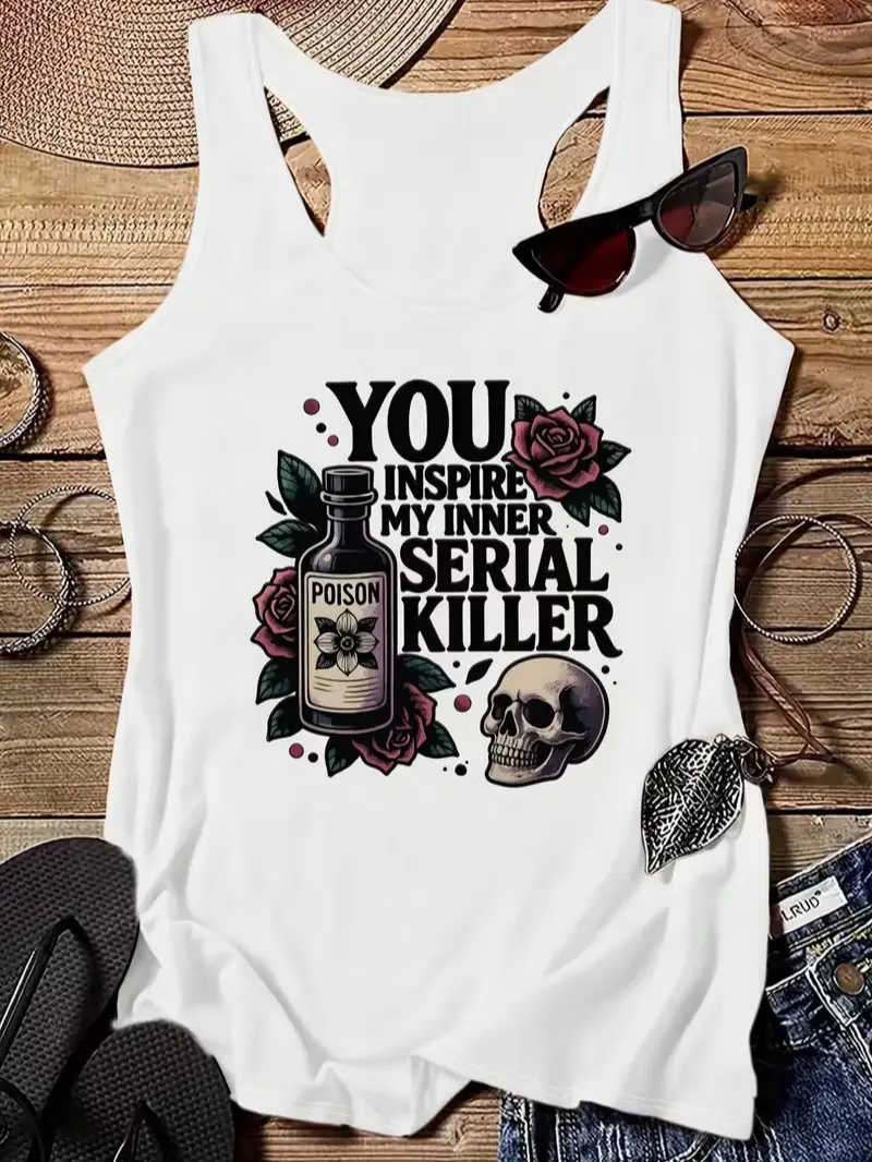 Gothic "Serial Killer" Slogan Tank Top | Edgy Skull & Poison Print