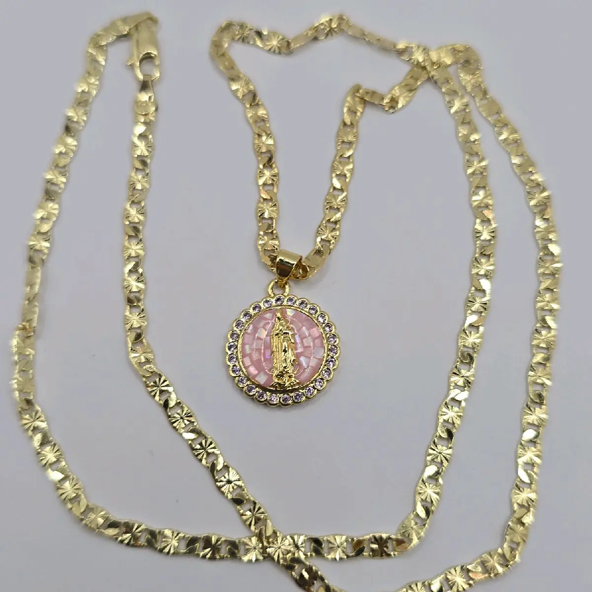 virgin mary necklace pink  beautiful style gold plated 18 inches 24"inches available