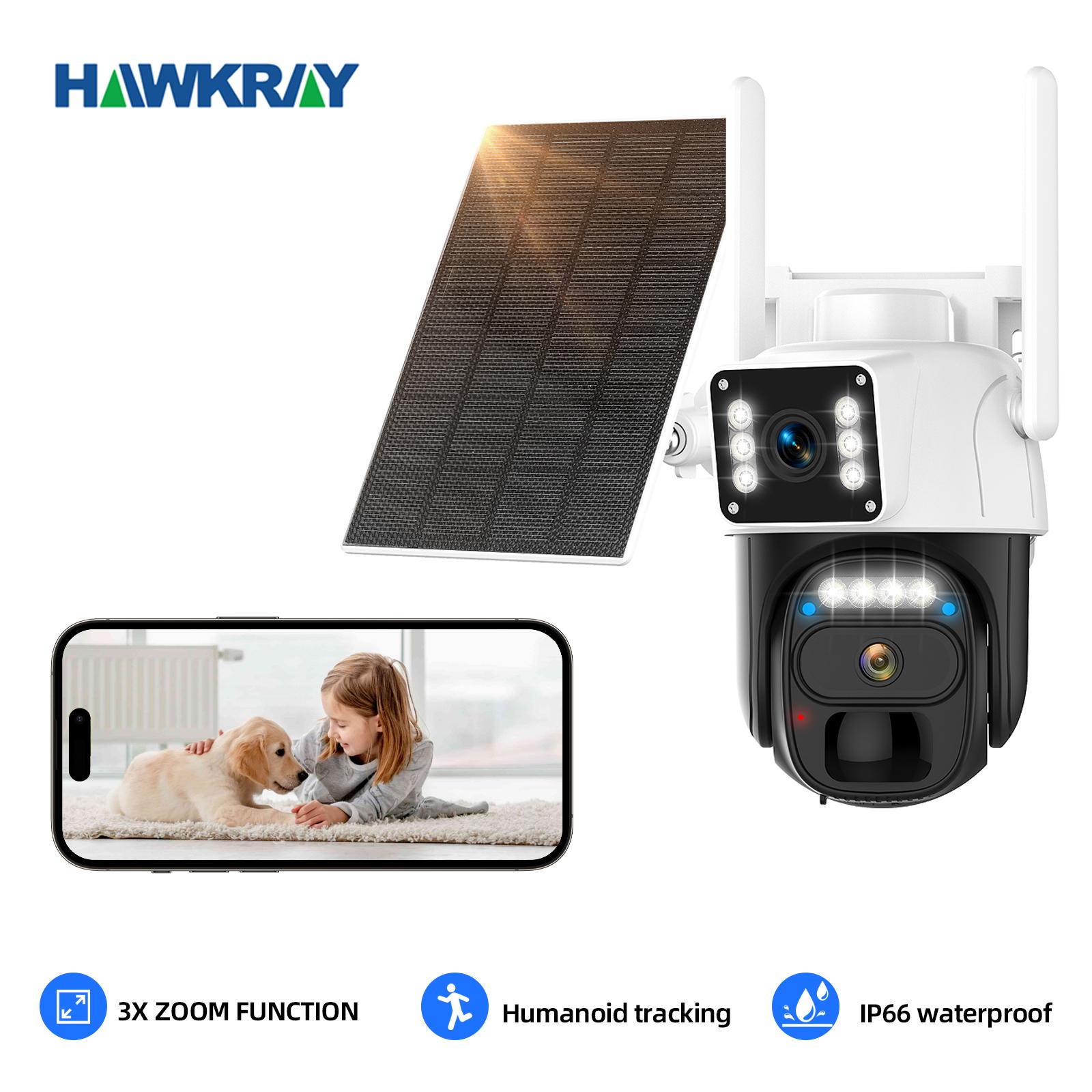 Hawkray 2K Solar Dual-Lens Cameras Wireless Outdoor 360PTZ Dual-Screen 3MP Security Cam Indoor Outdoor IP66 Waterproof w
