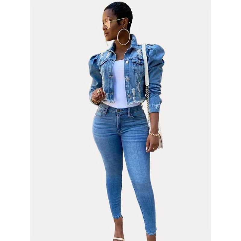 Women's Distressed Denim Jacket - Casual Black Cropped Jean Coat with Raw Hem & Puff Sleeves, Button- Style for Spring/Fall