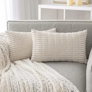 Pack of 2 Cream White Pillow Covers Decorative Throw Pillows 12x20 Inch for Couch Bed Living Room Soft Corduroy Striped  Cushion Case Boho Throw Pillows Neutral Room Fall Room Decor