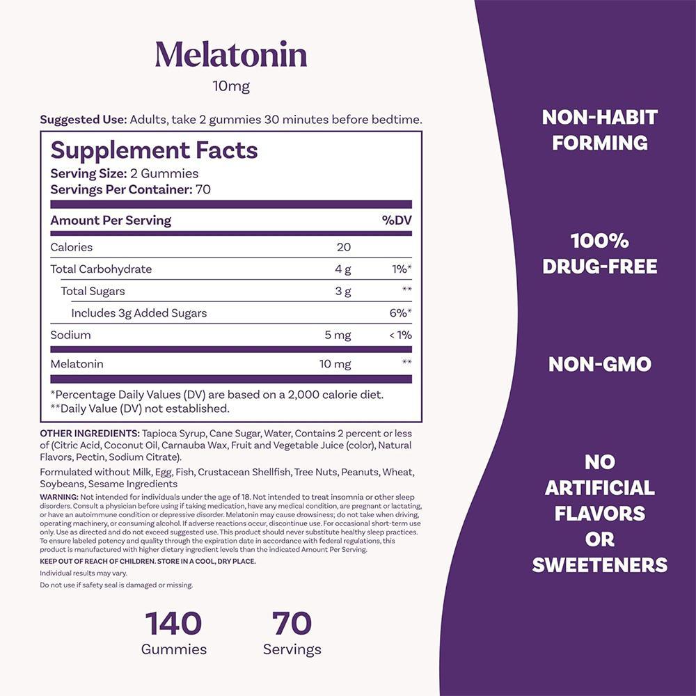 Natrol Melatonin Sleep Aid Gummy, Fall Asleep Faster, Stay Asleep Longer, 2 Gummies per Serving, 100% Drug and Gelatin Free, Non-GMO, 10mg, 140 Count Natrol Melatonin Sleep Aid Gummy, Fall Asleep Faster, Stay Asleep Longer, 2 Gummies per Serving, 100% Drug and Gelatin Free, Non-GMO, 10mg, 140 Count