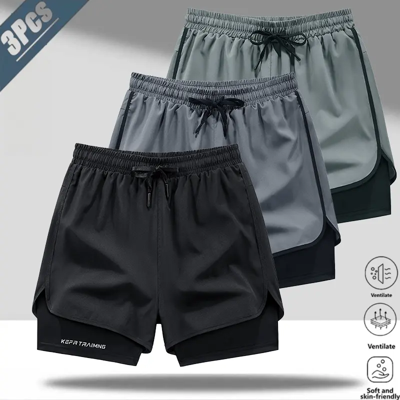 Men’s 3-piece set: versatile classic double-layer anti-exposure quick-dry shorts—casual athletic style for everyday wear. Breathable, skin-friendly, wrinkle-resistant quick-dry fabric that’s durable and easy to care for. Elastic drawstring waistband enhan