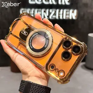 Plating Shockproof Magnetic Pulling Bracket Case For iPhone 17 16 15 14 Plus 13 Pro Max Air Clear Bumper Cover shockproof slim case