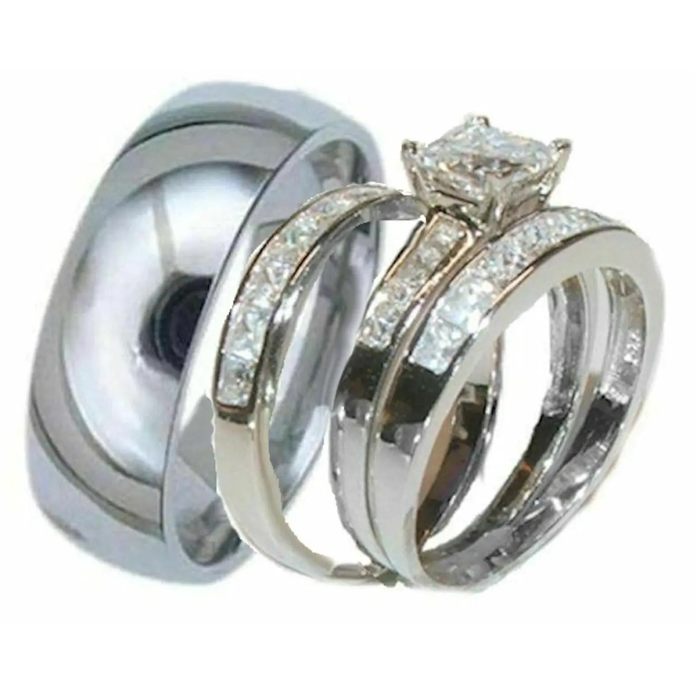 Edwin Earls His and Hers Wedding Engagement Ring Set 4 Piece Cz Ring Set 925 Sterling Silver & Titanium, Wedding Band Rings