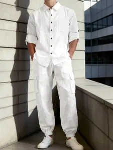 Men's Linen Blouse Set, Roll-Up Sleeve Shirt + Slim Fit Pants, Breathable Wrinkle-Resistant Fabric, Casual Daily Wear, All Seasons, Solid Linen Set