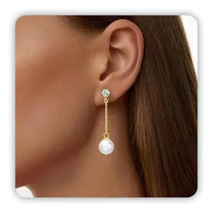 14k Gold Dangling Pearl Earrings for Women, 8mm Simple Dangle Long Chain Statement Earrings Jewelry for Girls, Perfect for Wedding Bridal Birthday Beach