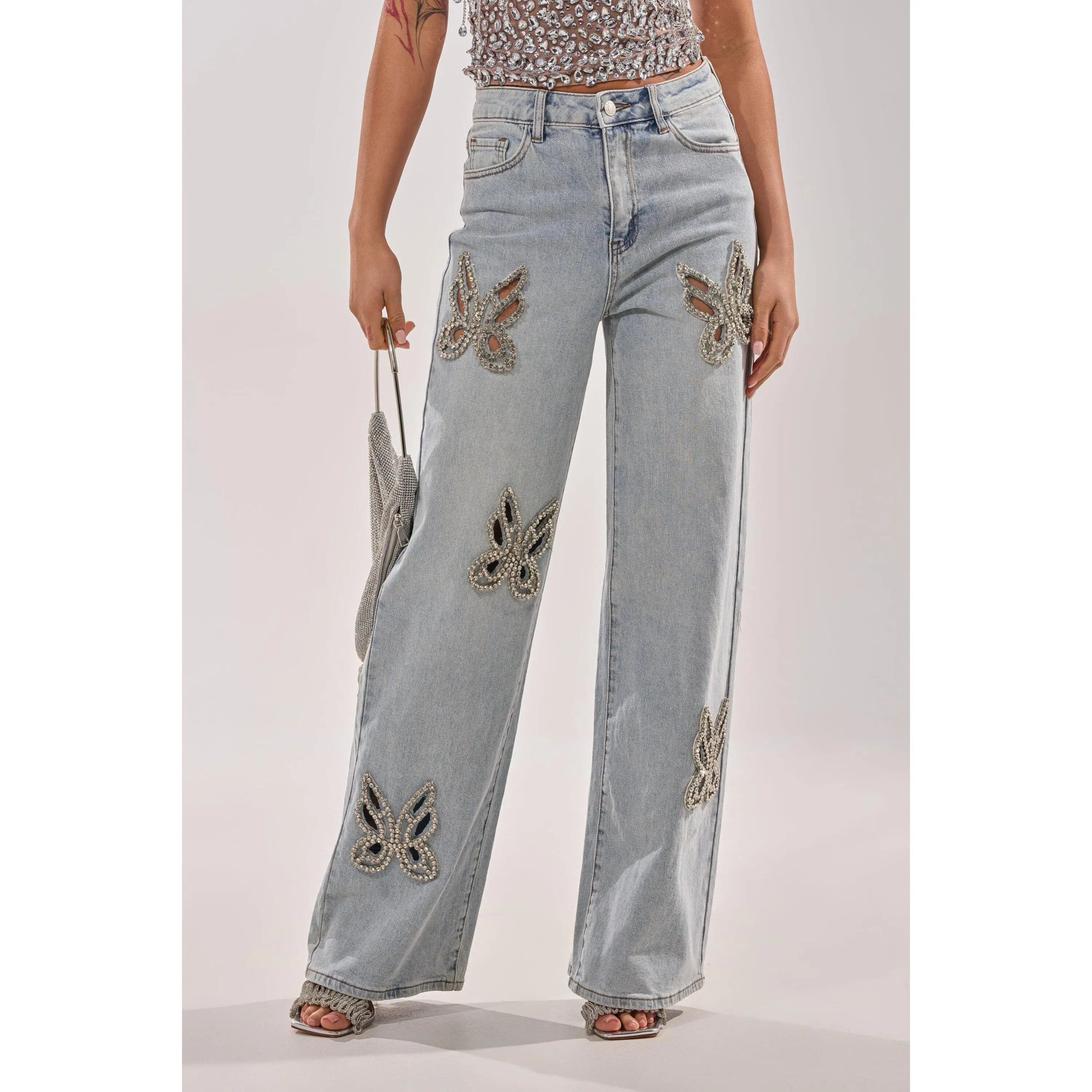 RHINESTONE BUTTERFLY CUTOUT DENIM JEANS - TikTok Shop