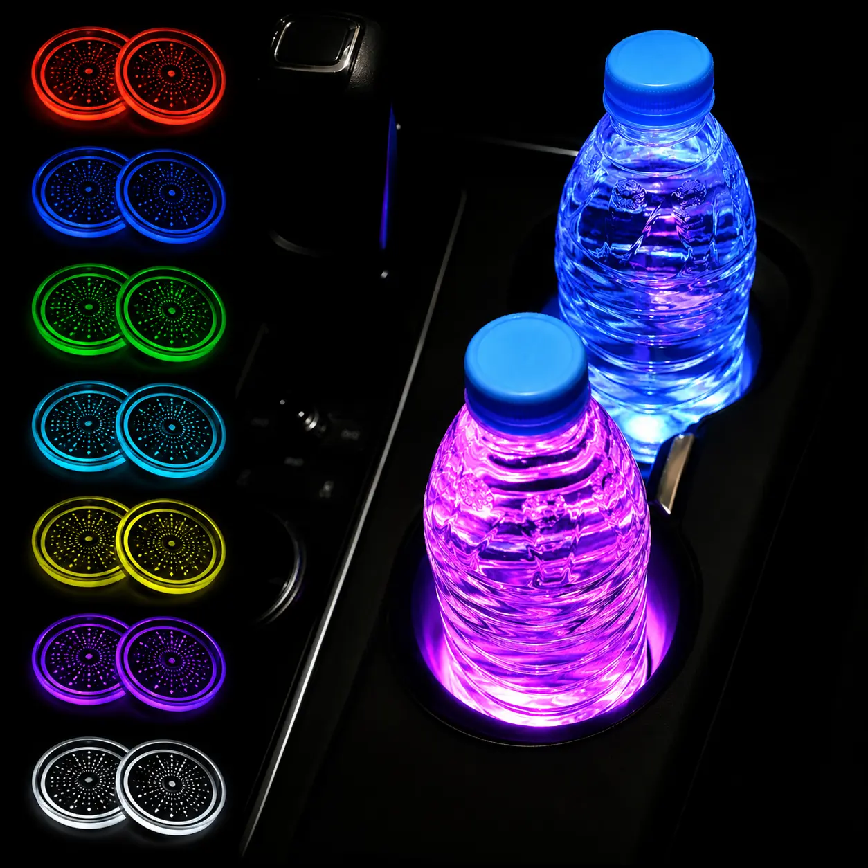 [2pcs LED Cup Holder] 2pcs 7 Color-Changing LED Cup Holder Lights for Car |   Rechargeable Light Up Cup Holder Insert Coasters, Car Accessories for Teens, Holiday Gifts for Car Lovers
