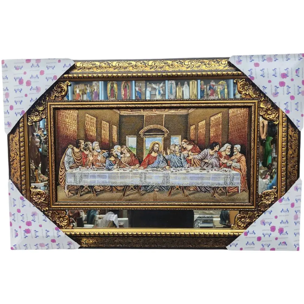 Ultima Cena (2 Size Options) Cuadro Gold Color Mirrored Tapestry Tela Last Supper Wall decor Artwork with Detailed Framing and Intricate Design Elements Religious Decor Ornaments Frame Jesus Christ Jesucristo