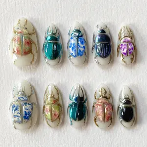 3D Scarab Beetle Press On Nails, Handmade False Nails with Vintage Floral, Unique Gothic Cosplay Nail Set, Statement Gothic Nail Art