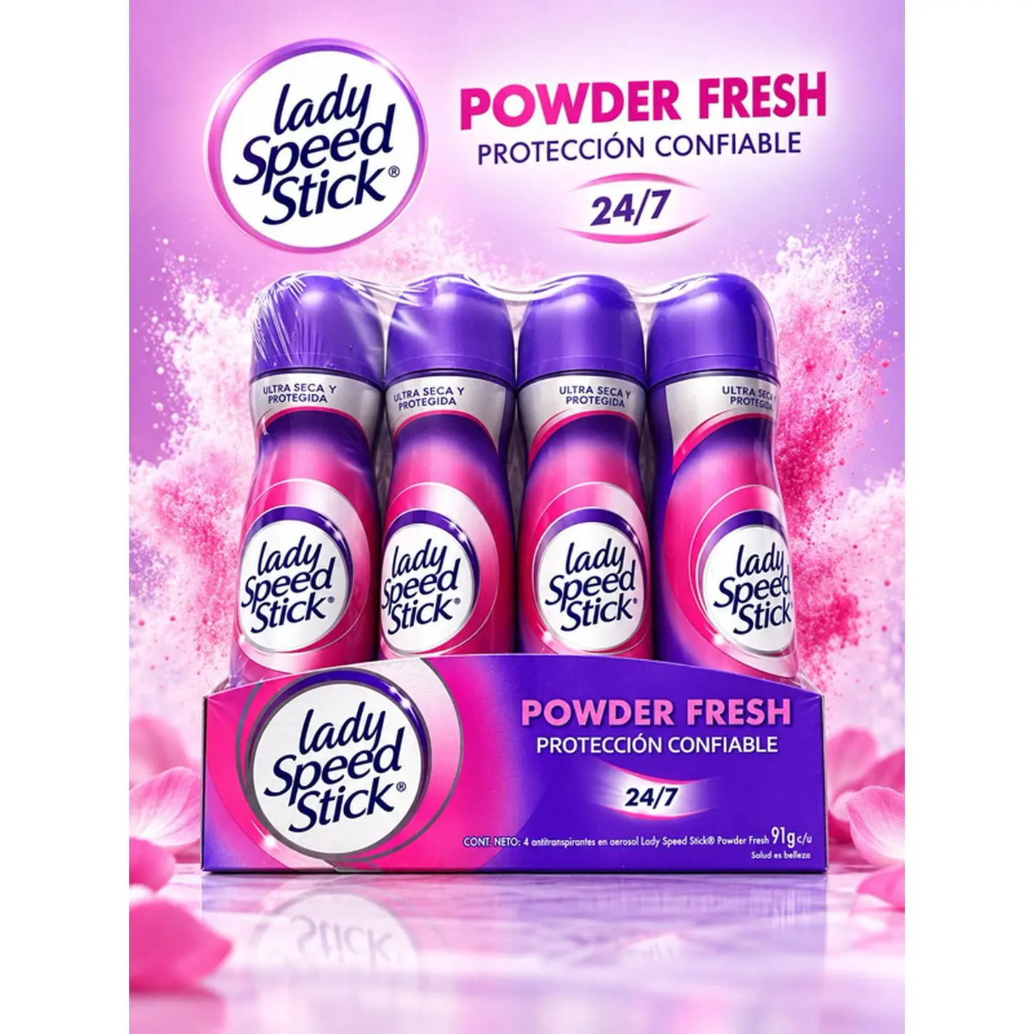 Lady Speed Stick Powder Fresh 24/7 Antiperspirant Deodorant 4-Pack 91g Each for Long-Lasting Freshness and Odor Protection