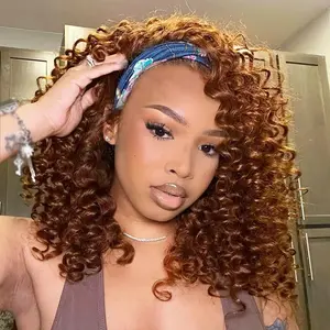 Kinky Curly Headband Wig, Highlighted Deep Curly Wigs for Women, Short Glueless No Lace, Dark with Copper Highlights, Glueless Hair Wigs